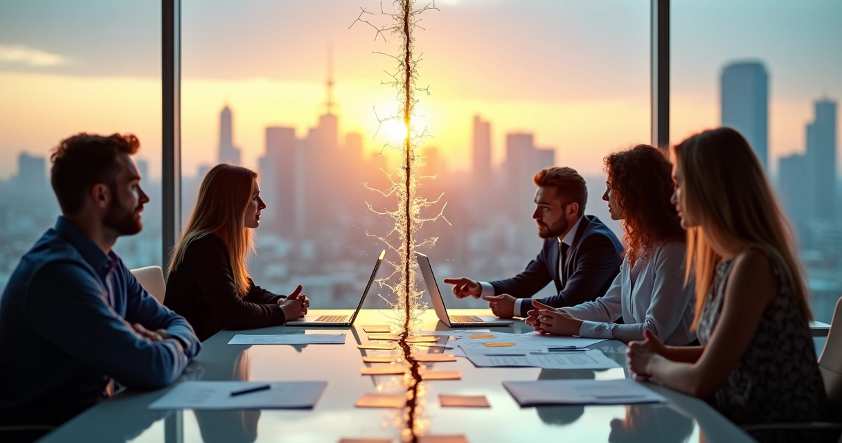Equipe em reunião com barreira de vidro trincada simbolizando crenças limitantes 