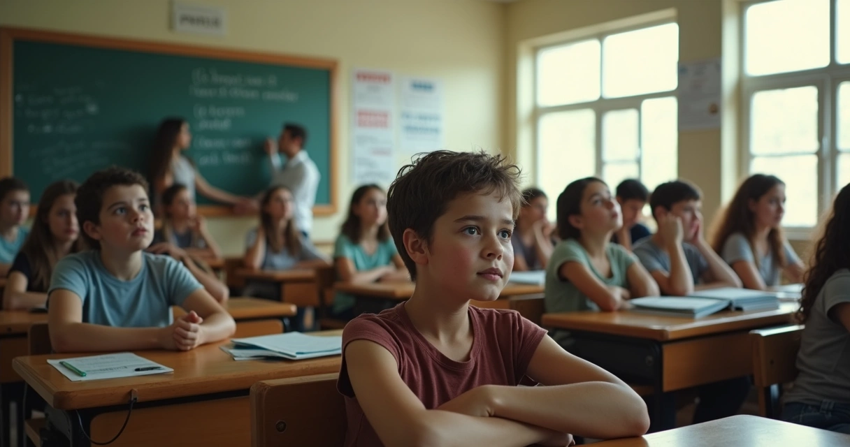 Alunos sentados em sala olhando atentos para a professora escrevendo no quadro 
