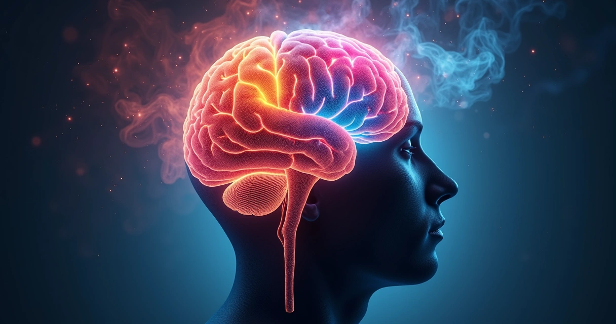 Cérebro com cores vivas revelando áreas do inconsciente. 