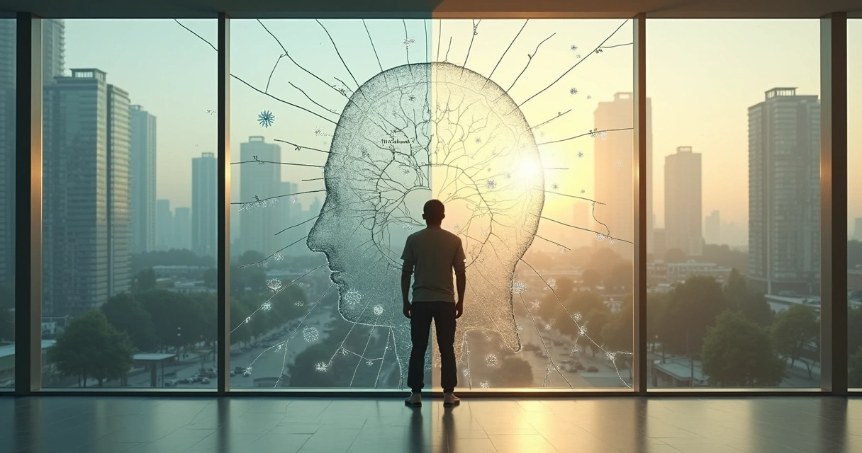 Pessoa observando cidade através de parede de vidro rachada metade escura metade clara 