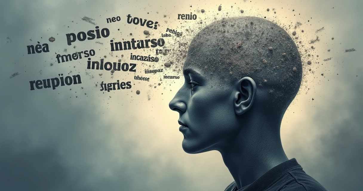 Desenho realista de uma cabeça humana com palavras negativas ao redor 