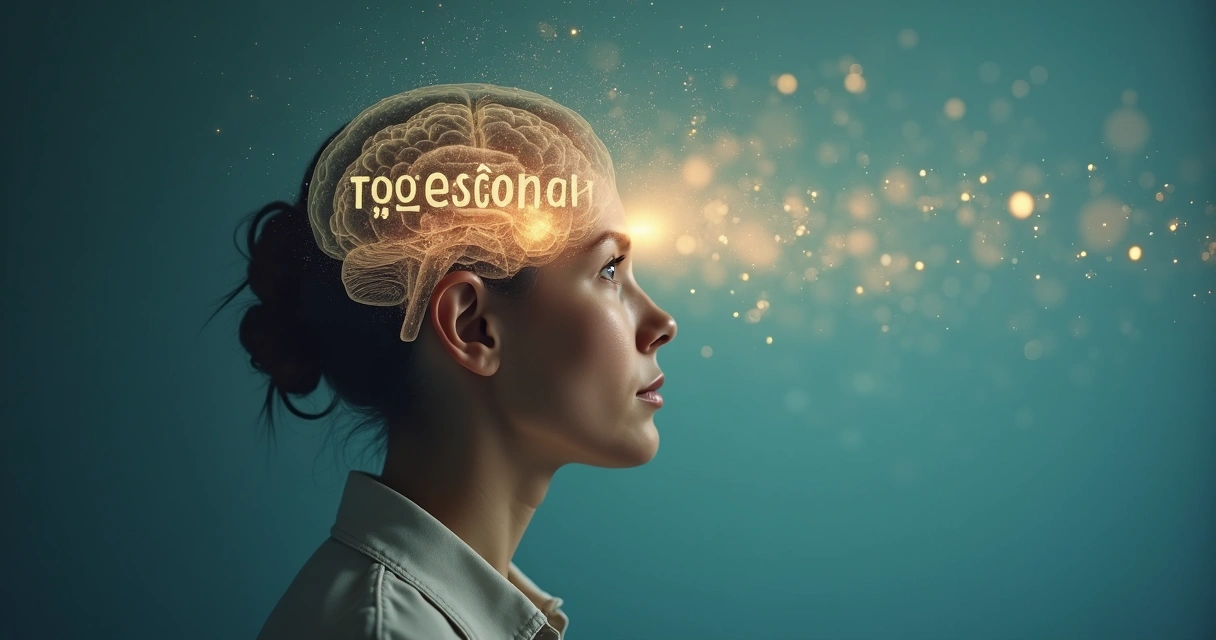 Pessoa adulta com a cabeça fragmentada por barreiras invisíveis representando crenças limitantes 