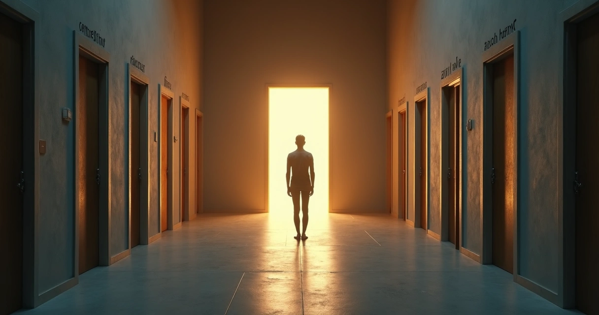 Pessoa encarando corredor com portas escuras e uma porta iluminada ao fundo 