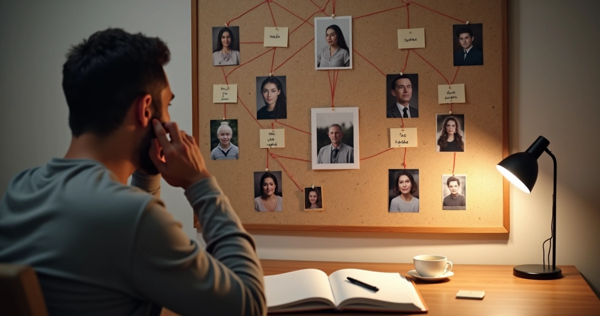 Pessoa refletindo diante de fotos de família conectadas por linhas no quadro 