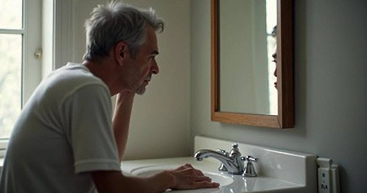 Pessoa olhando o próprio reflexo no espelho, expressão pensativa 