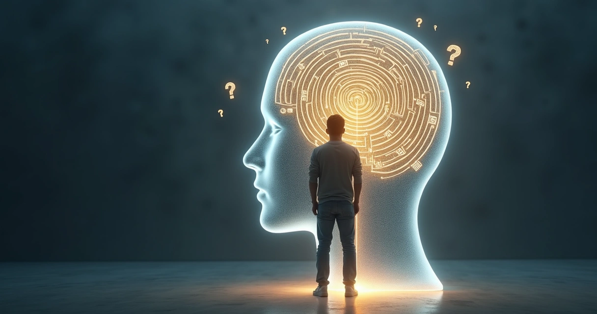 Pessoa diante de labirinto luminoso saindo de silhueta da cabeça 