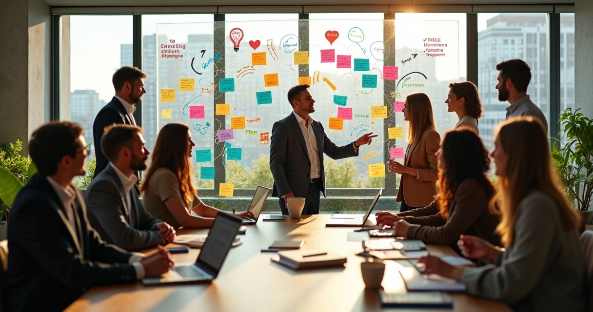 Líder e equipe em reunião simbolizando crenças organizacionais e cultura consciente 