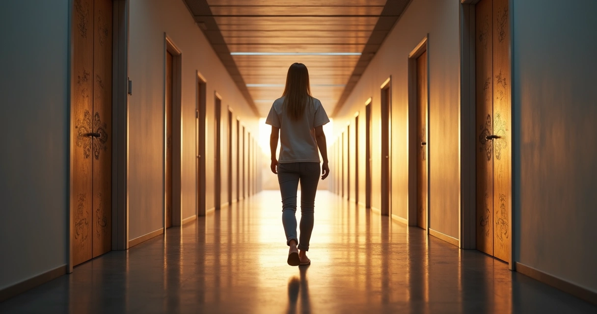Pessoa caminhando em corredor com várias portas iluminadas representando escolhas internas 