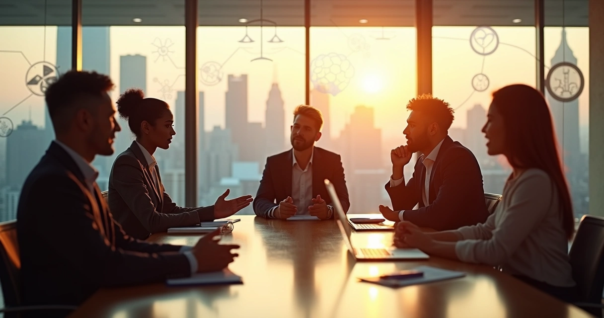 Equipe de escritório em reunião com contraste simbólico entre crenças pessoais e decisões corporativas 