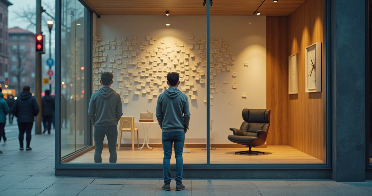 Pessoa olhando para vitrine com reflexo dividido entre zona de conforto e mudança 
