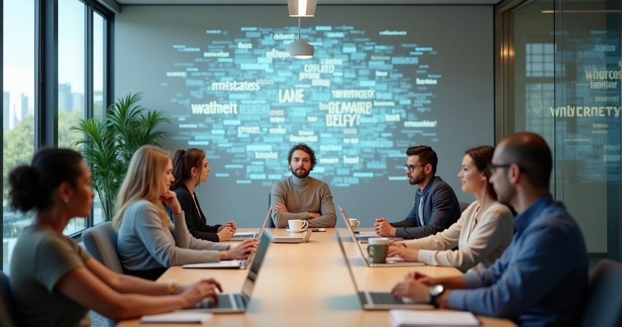 Equipe em reunião com silhuetas de pensamentos invisíveis ao fundo 