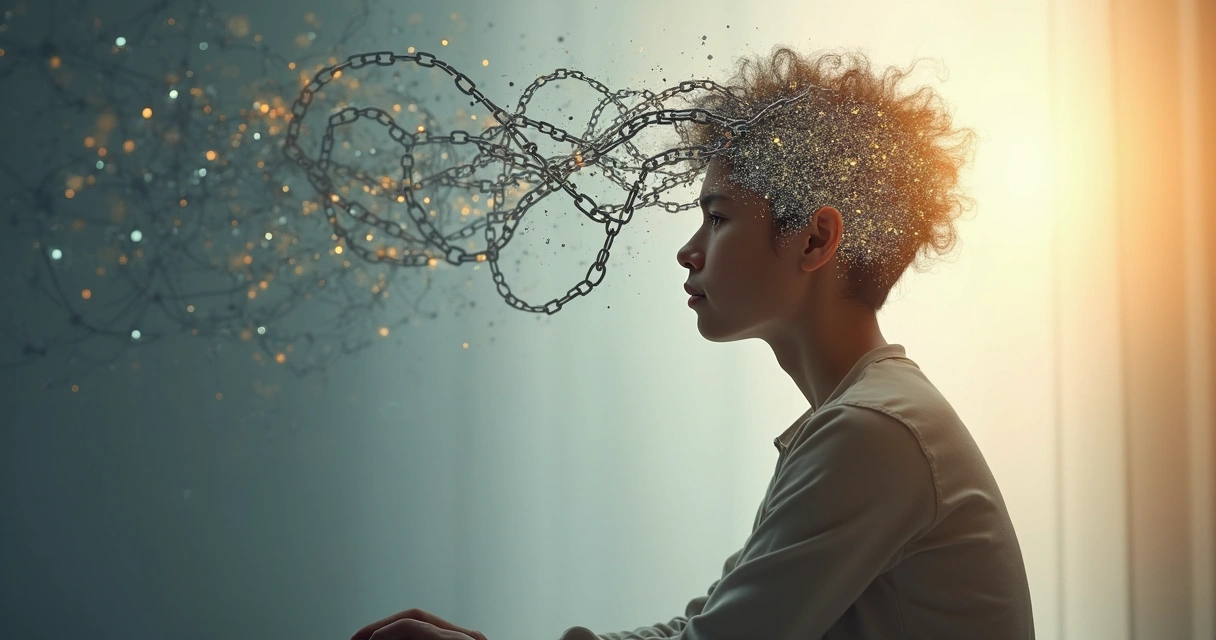 Pessoa olhando para frente com correntes se desfazendo ao redor da cabeça 