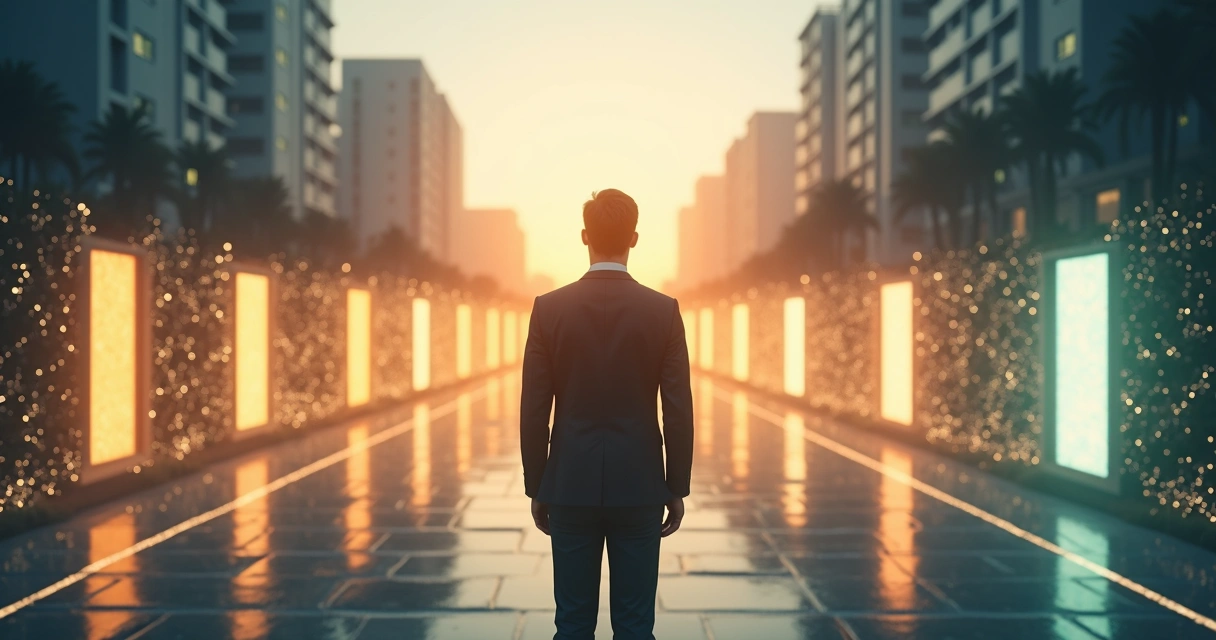 Pessoa diante de várias portas tomando decisão em ambiente urbano 