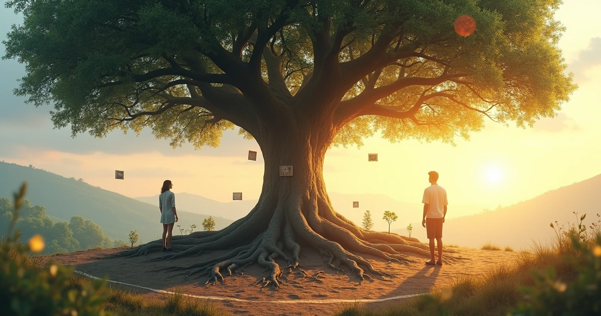 Pessoa observando árvore com raízes profundas e fotos de família 