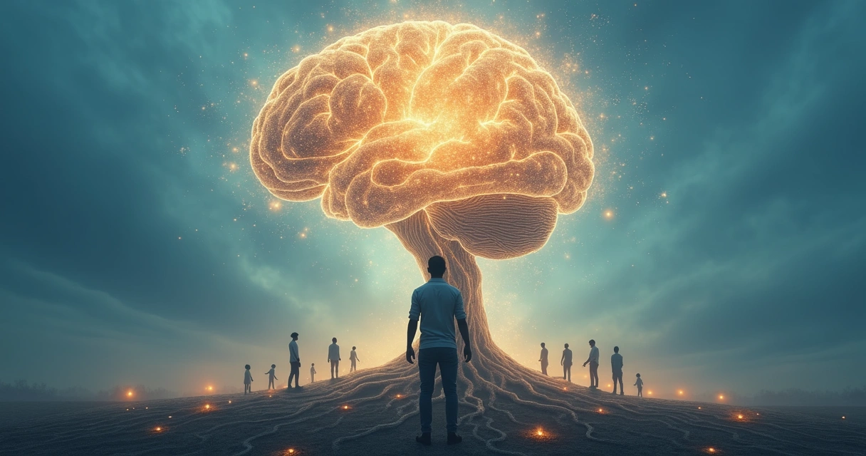 Pessoa diante de árvore luminosa em forma de cérebro representando crenças sistêmicas 