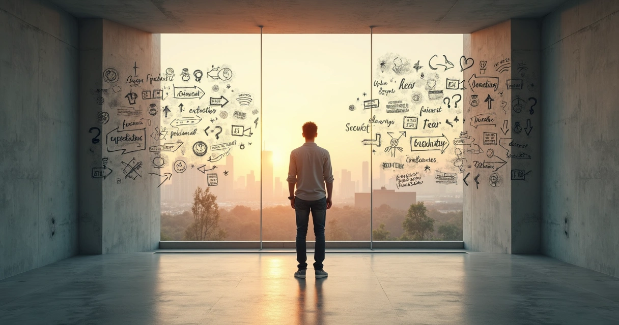 Pessoa em pé diante de mural com setas contraditórias entre sucesso e autossabotagem 