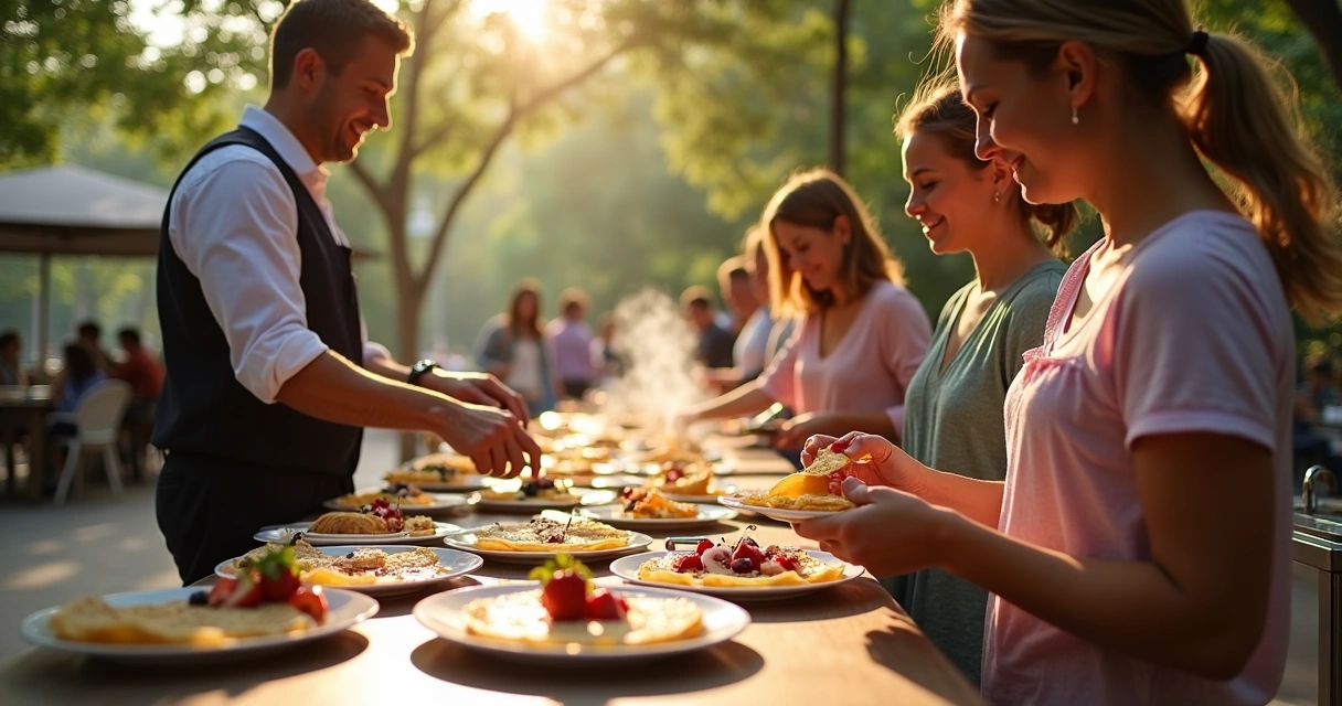 Buffet de crepes ao ar livre em Tampa com convidados na fila sorrindo 