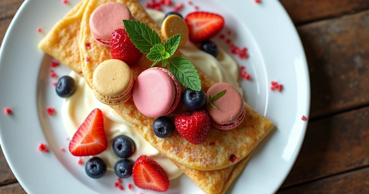 Crepe recheado com creme e decorado com pedaços de macarons coloridos 