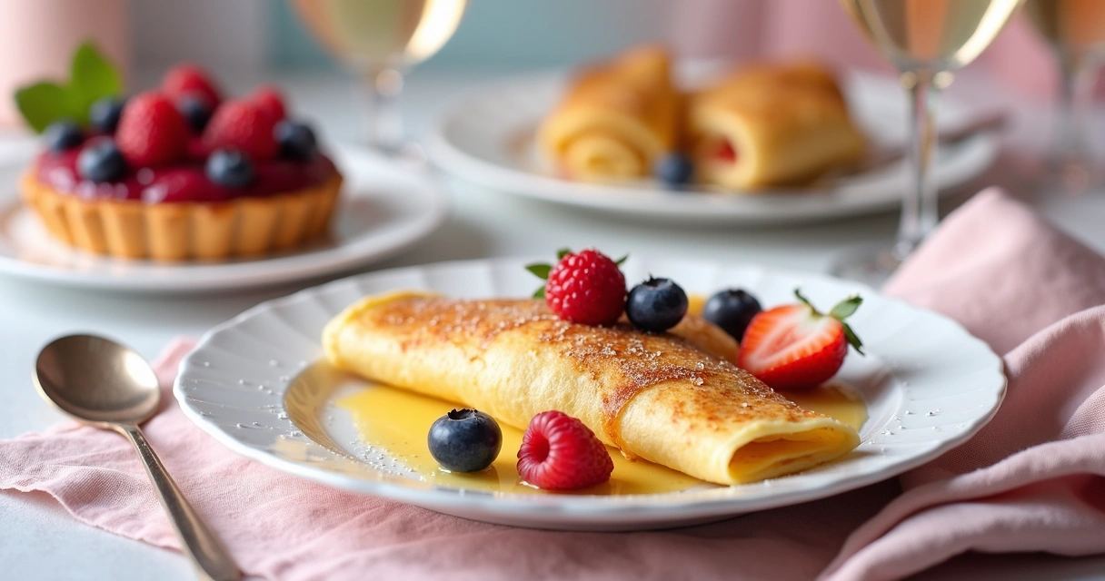 Crepe francês servido ao lado de torta de frutas vermelhas 