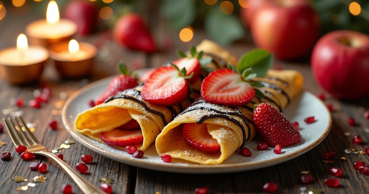 Crepes doces de sobremesa na mesa de Réveillon 