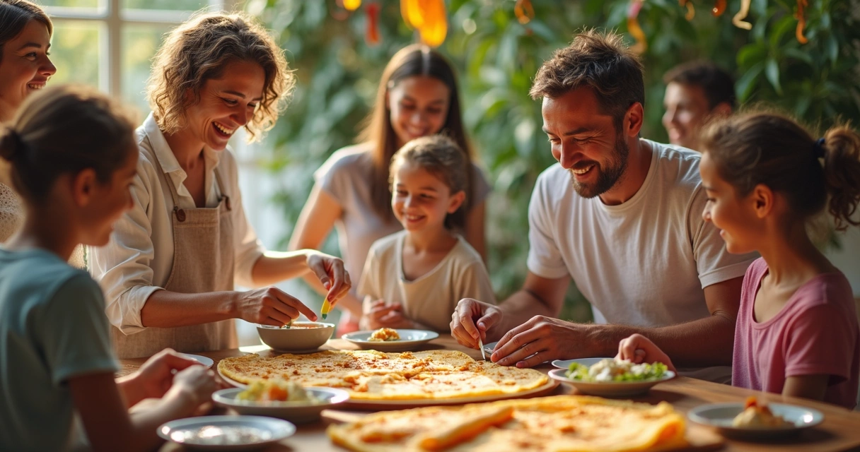 Estação de crepes em evento familiar, pessoas sorrindo servindo-se 