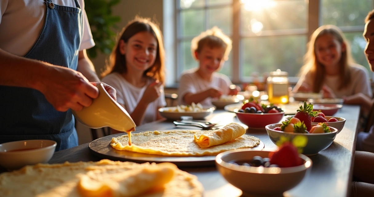 Mesa com crepes sendo preparados em evento familiar em Orlando 
