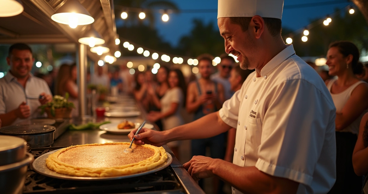 Chef preparando crepe francês ao vivo em evento de brasileiros em Orlando 