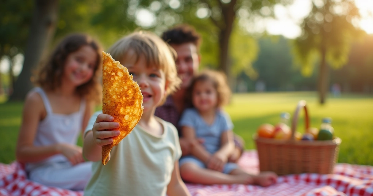 Criança segurando crepe francês em piquenique com família sorrindo 