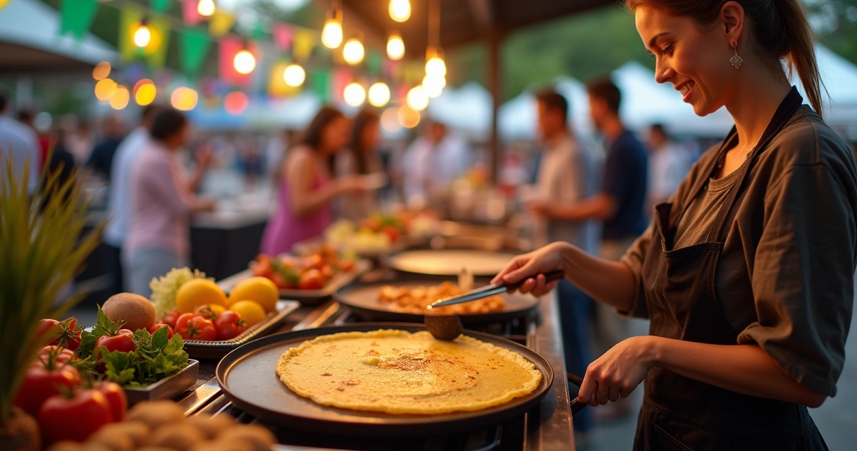 Crepe francês sendo preparado ao vivo durante evento familiar 