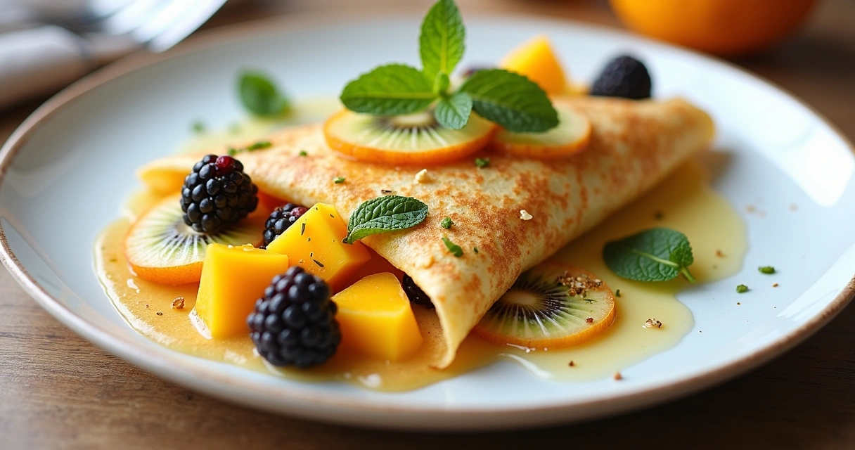 Crepe recheado com frutas exóticas como manga, maracujá e framboesa 