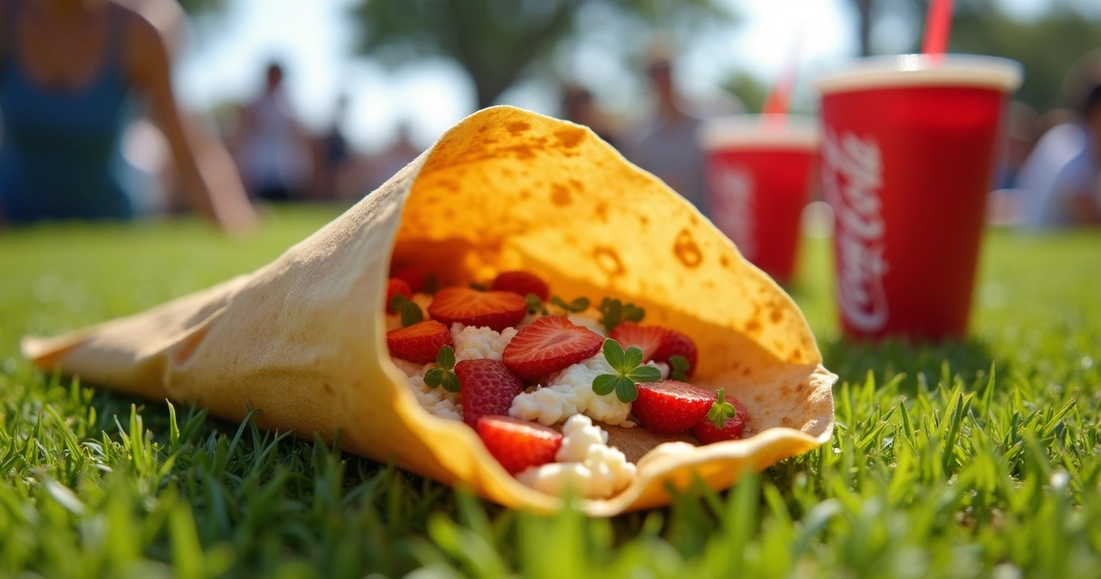 Crepe recheado servido em embalagem prática em festival de música no gramado em Orlando. 