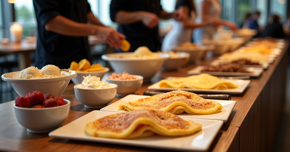 Mesa de evento estilo self-service com estação de crepes e doces 