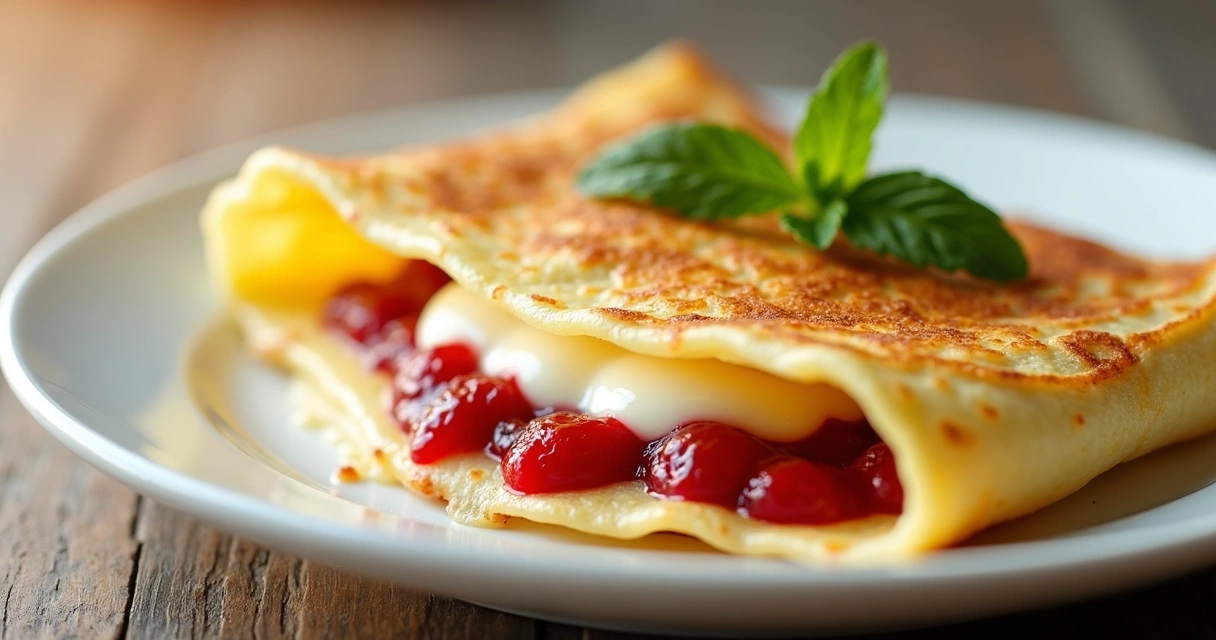 Crepe servido com queijo brie derretido e geleia de frutas 