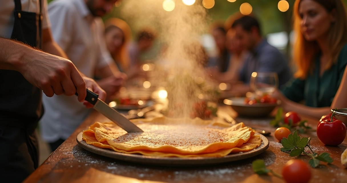 Chef preparando crepe ao vivo em evento 
