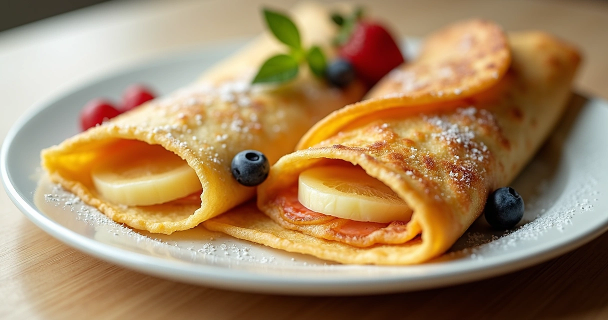 Crepe francês em prato branco e crepe suíço no palito em uma mesa de madeira clara. 