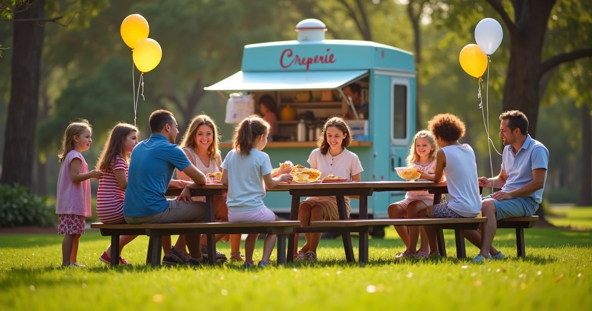 Evento de família em parque de Orlando com creperia montada ao ar livre 