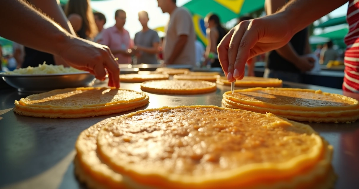 Crepes sendo servidos em evento brasileiro com bandeiras do Brasil na Flórida 