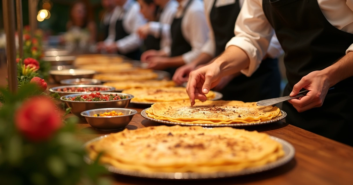 Buffet de crepes sendo preparado durante festa em Orlando 