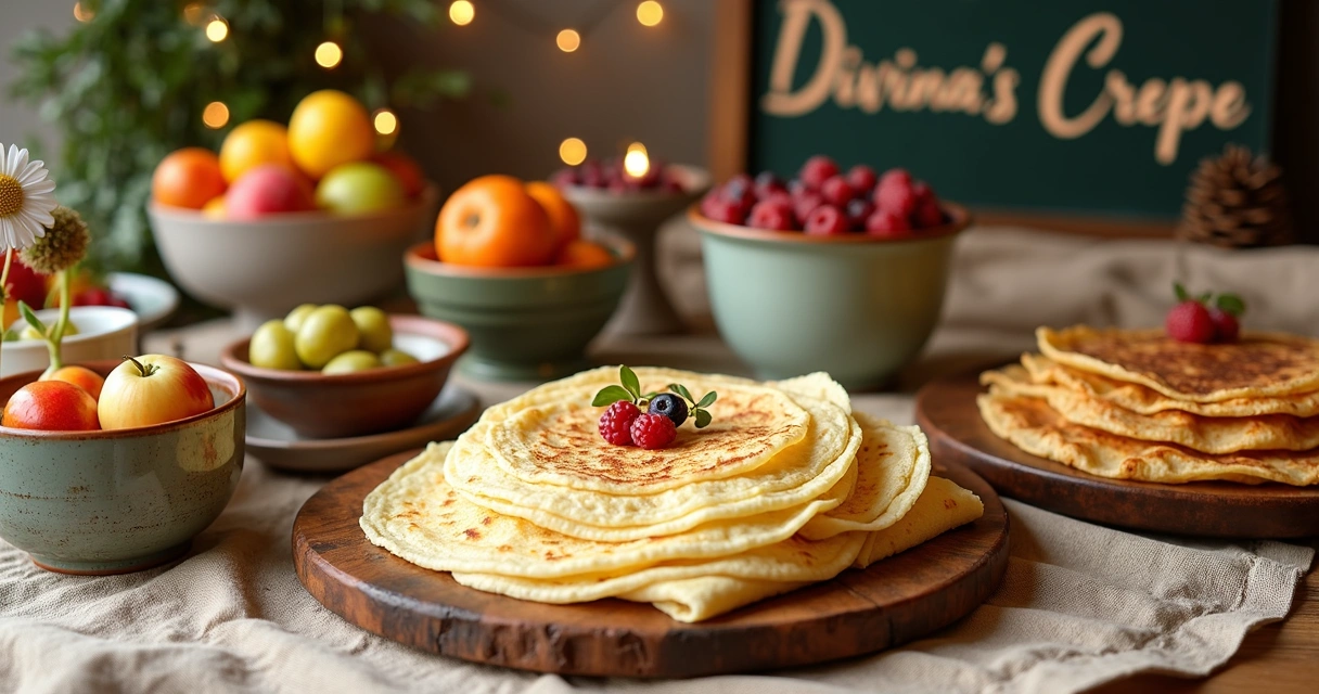 Mesa decorada com crepes e detalhes artesanais de festa DIY 