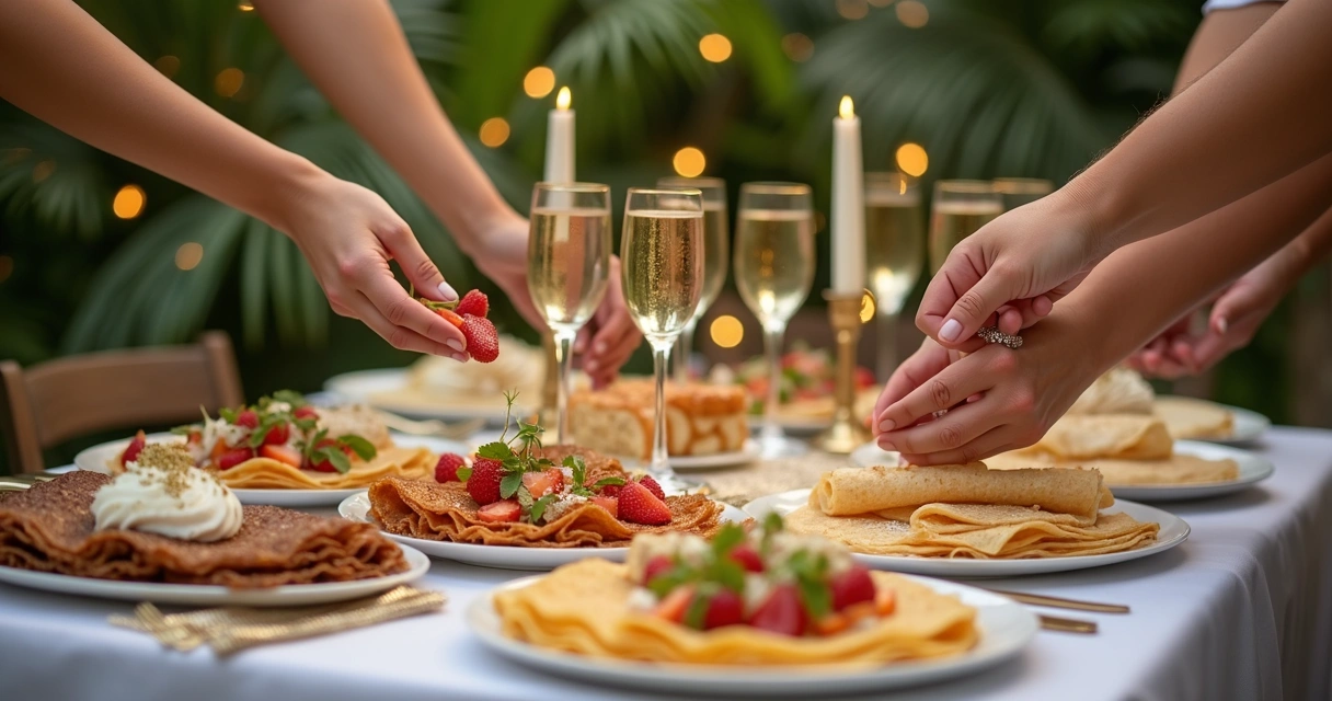 Mesa de festa de Réveillon com crepes coloridos e decoração festiva 