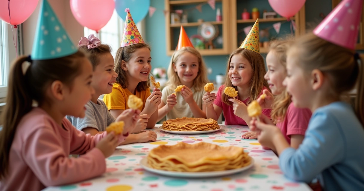 Crianças felizes pegando crepes suíços no palito em festa de aniversário. 