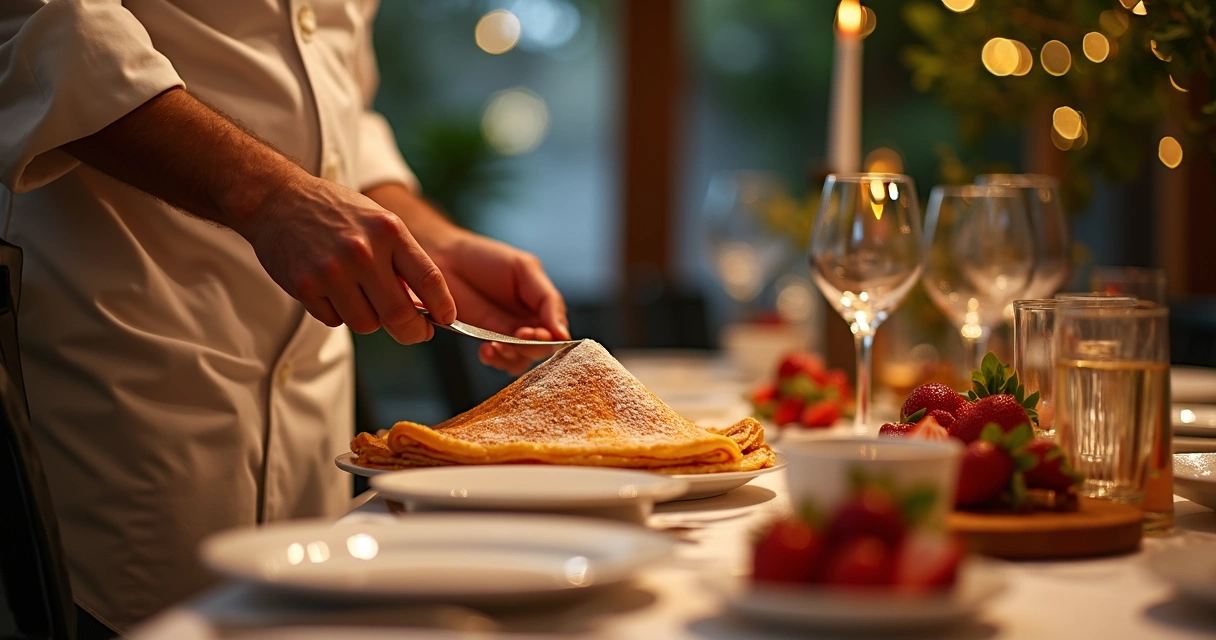 Crepe sendo preparado em evento, com convidados ao fundo 