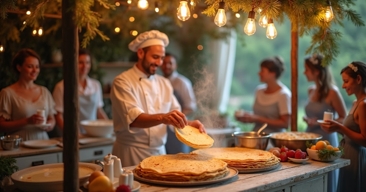 Chef preparando crepe francês em mini wedding 