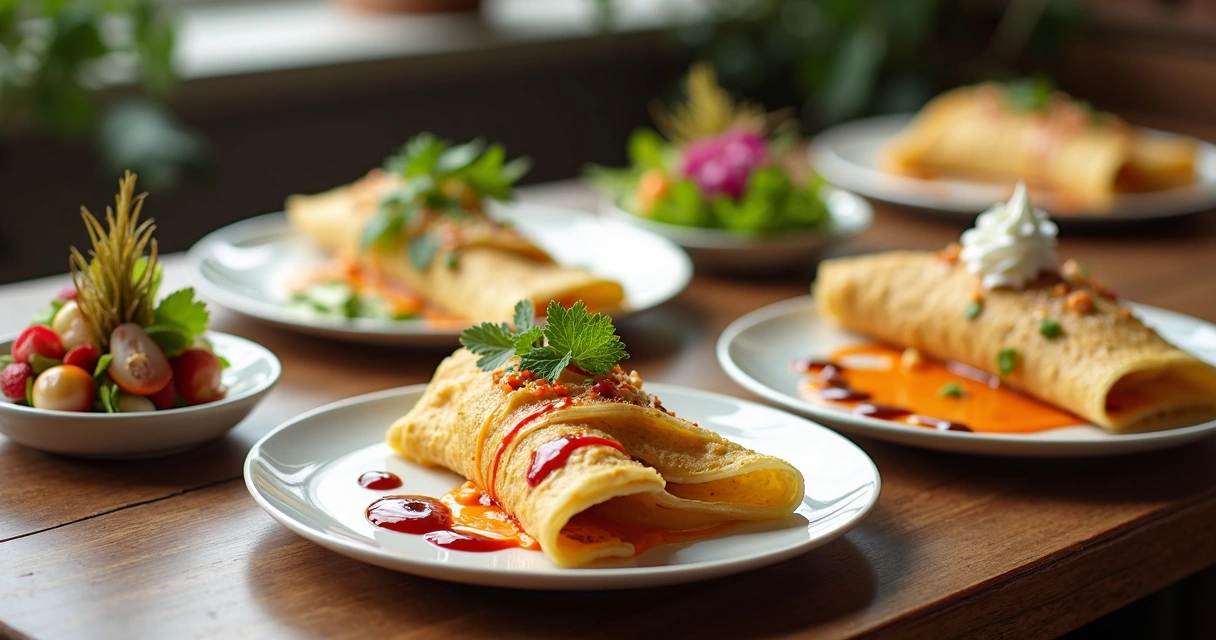 Pratos de crepes criativos, doces e salgados, dispostos de forma elegante 