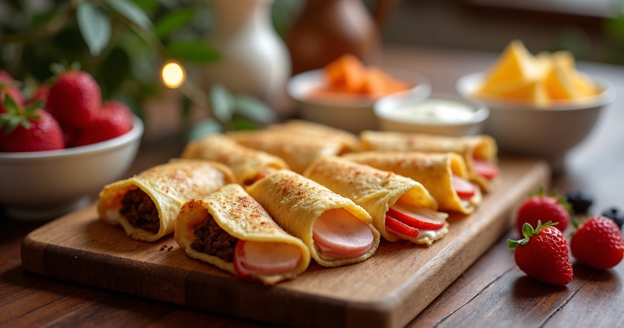 Mini crepes doces e salgados organizados em tabuleiro com frutas e molhos ao lado 
