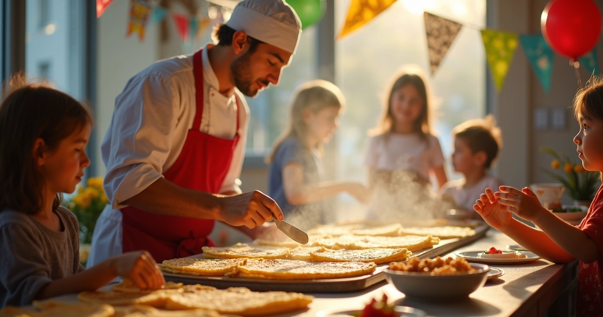Chef preparando crepes ao vivo em festa infantil com decoração temática ao fundo 