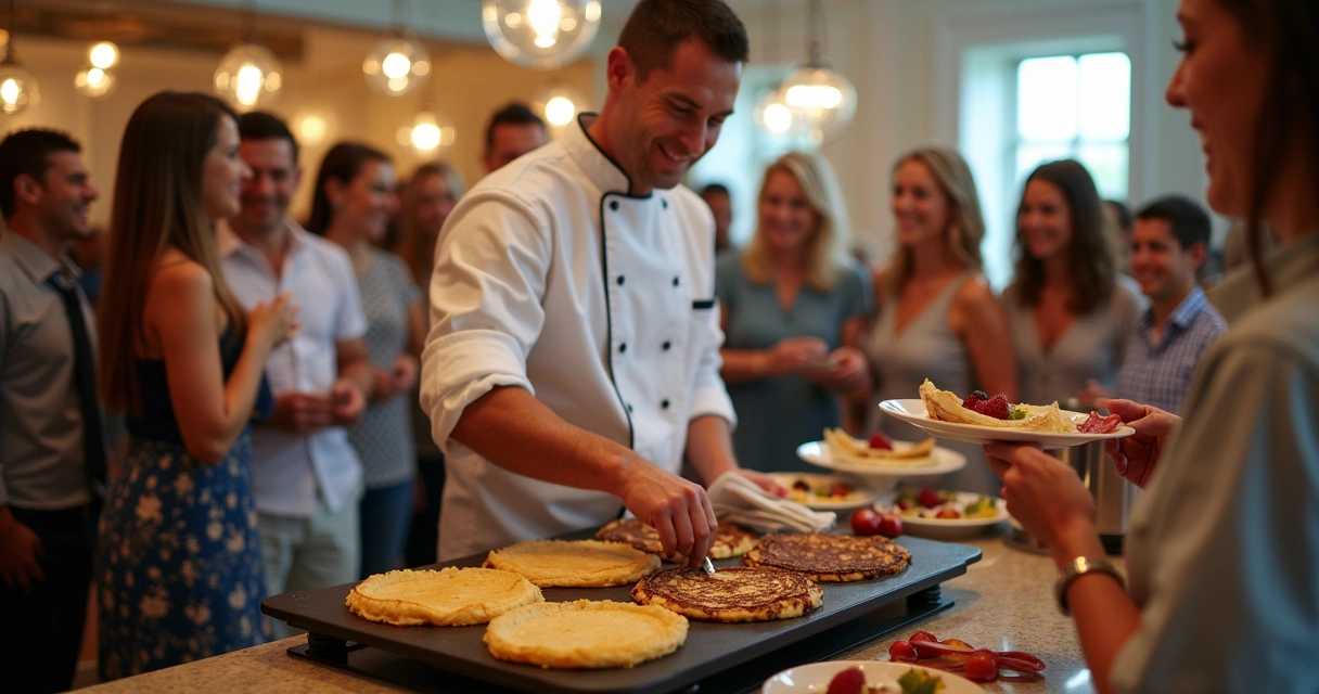 Chef preparando crepes em evento privado em Orlando, com convidados assistindo e sorrindo 