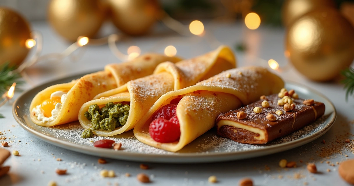 Variedade de crepes com recheios salgados e doces em uma mesa festiva 