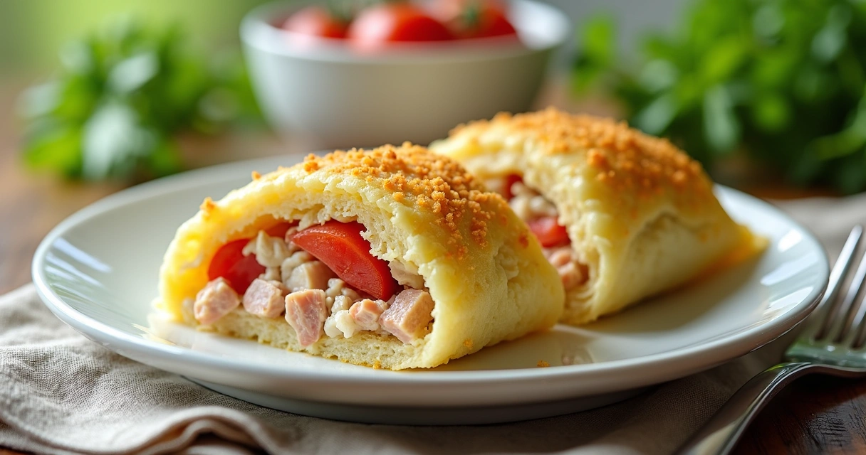 Crepioca dobrada recheada com atum e tomate em prato branco