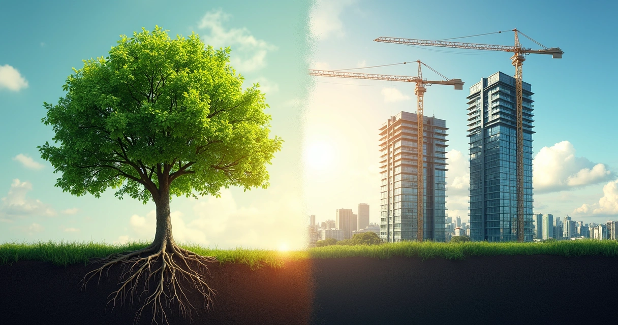Metade da imagem mostra uma árvore crescendo, outra metade mostra prédio empresarial expandindo altura